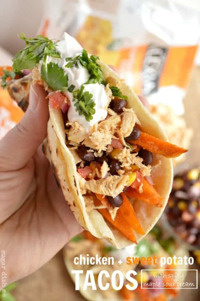 Chicken And Sweet Potato Tacos With Spicy Maple Sour Cream - Sugar Dish Me